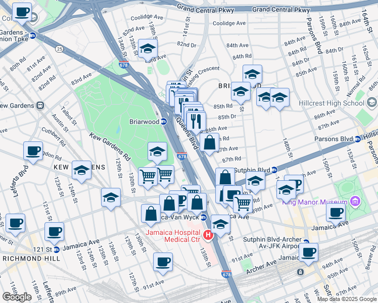 map of restaurants, bars, coffee shops, grocery stores, and more near 138-50 Queens Boulevard in Queens