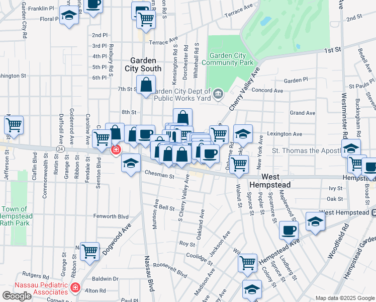 map of restaurants, bars, coffee shops, grocery stores, and more near 496 Hempstead Turnpike in West Hempstead