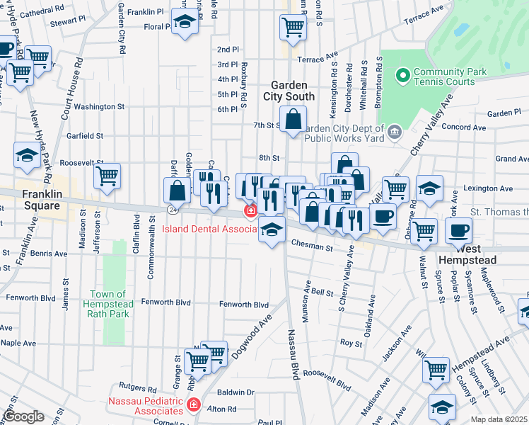 map of restaurants, bars, coffee shops, grocery stores, and more near 16 Euston Road South in West Hempstead