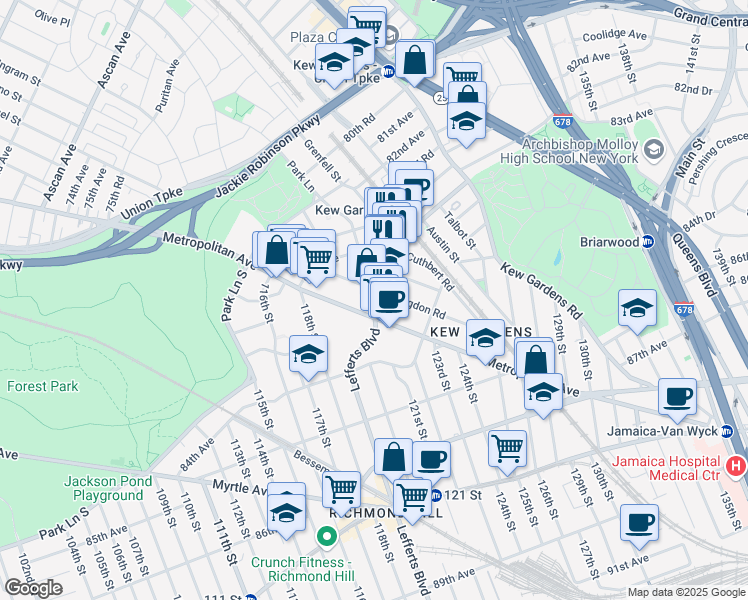 map of restaurants, bars, coffee shops, grocery stores, and more near 1395 Lefferts Boulevard in Queens