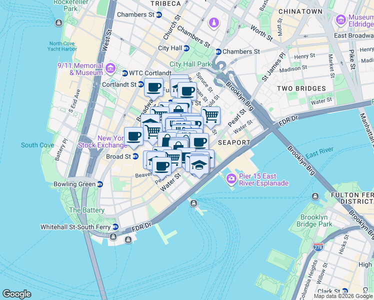 map of restaurants, bars, coffee shops, grocery stores, and more near Pearl St & Maiden Ln in New York