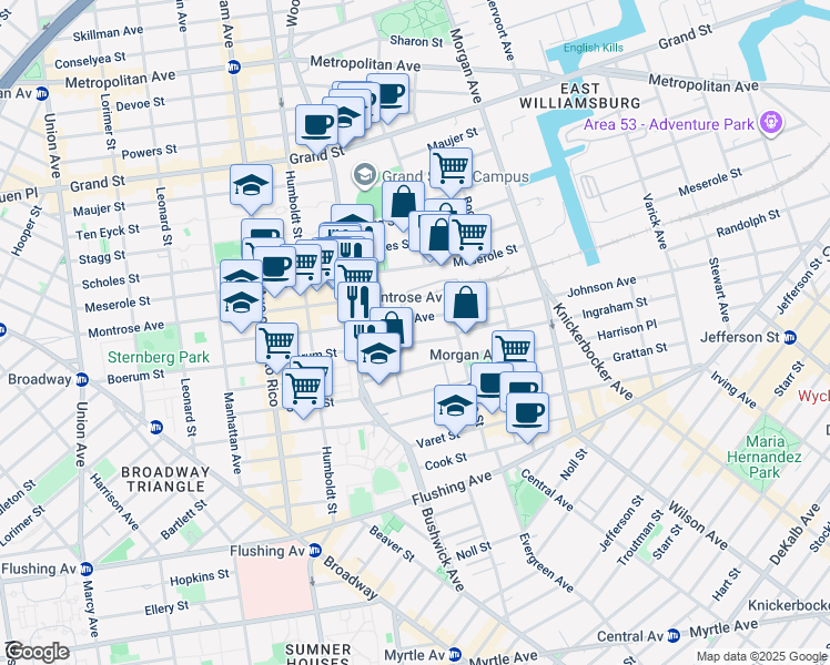 map of restaurants, bars, coffee shops, grocery stores, and more near 262 Johnson Avenue in Brooklyn