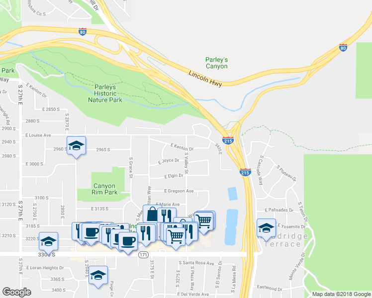 map of restaurants, bars, coffee shops, grocery stores, and more near 3299 East Kenton Drive in Salt Lake City