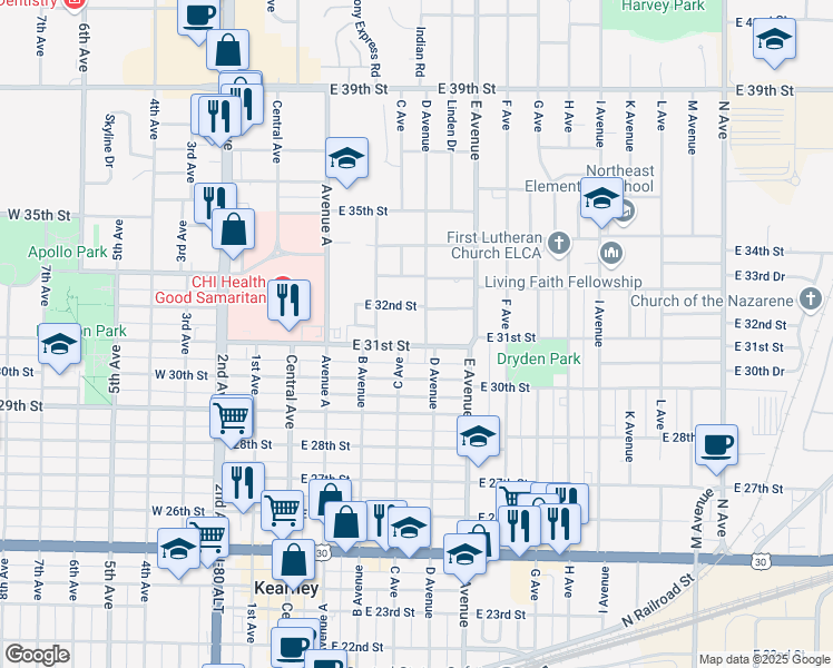 map of restaurants, bars, coffee shops, grocery stores, and more near 320 East 31st Street in Kearney