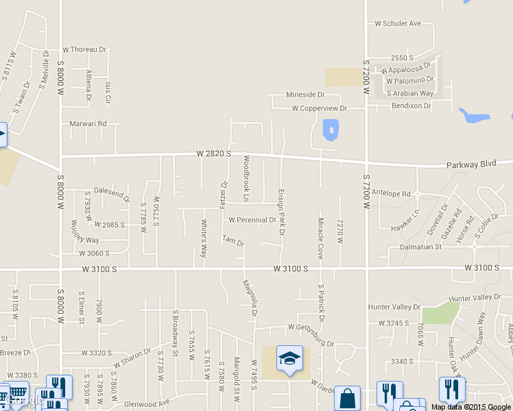map of restaurants, bars, coffee shops, grocery stores, and more near 7487 West Olive Brook Drive in Magna