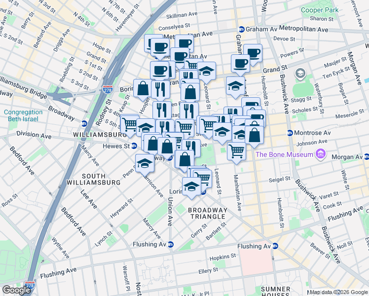 map of restaurants, bars, coffee shops, grocery stores, and more near in Brooklyn