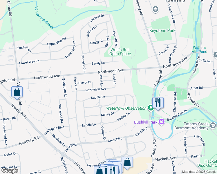 map of restaurants, bars, coffee shops, grocery stores, and more near 54 Northview Avenue in Easton