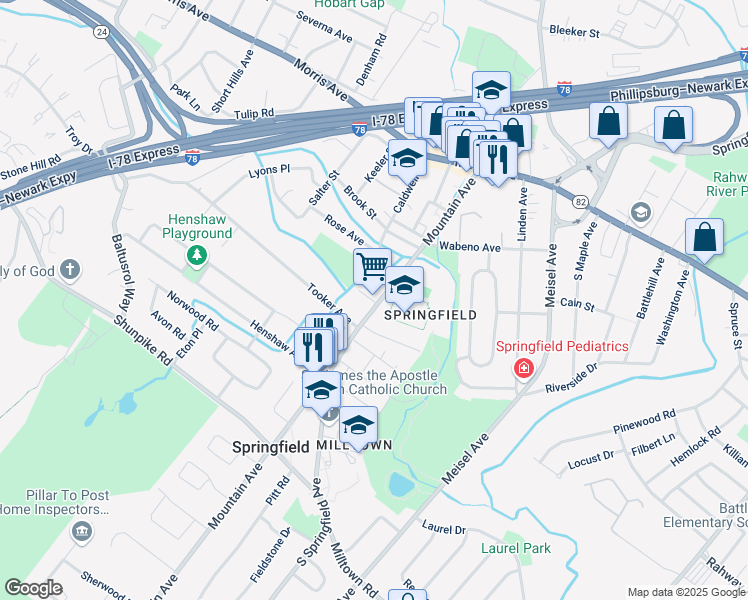 map of restaurants, bars, coffee shops, grocery stores, and more near 154 Mountain Avenue in Springfield