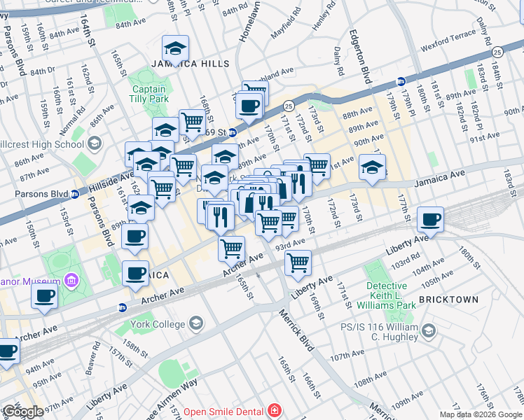 map of restaurants, bars, coffee shops, grocery stores, and more near 168-12 91st Avenue in Queens