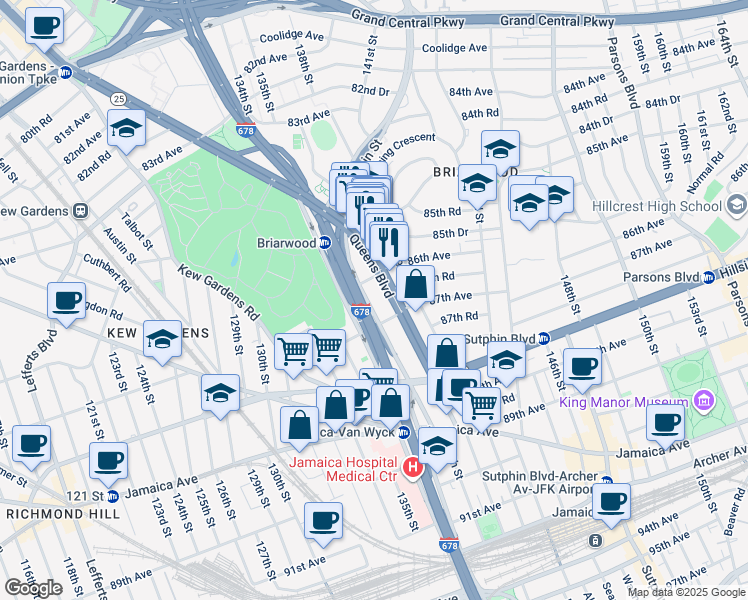 map of restaurants, bars, coffee shops, grocery stores, and more near 86-25 Van Wyck Expressway in Queens