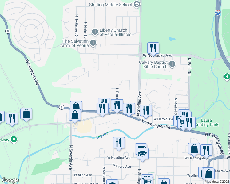 map of restaurants, bars, coffee shops, grocery stores, and more near 1522 North Pierson Avenue in West Peoria