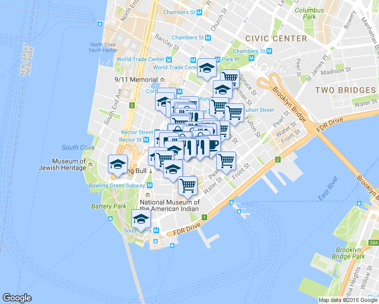 map of restaurants, bars, coffee shops, grocery stores, and more near 29 Wall Street in New York