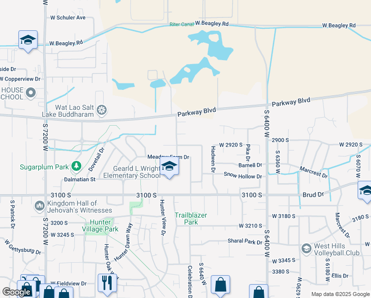 map of restaurants, bars, coffee shops, grocery stores, and more near 6695 Hunter Mesa Drive in West Valley City