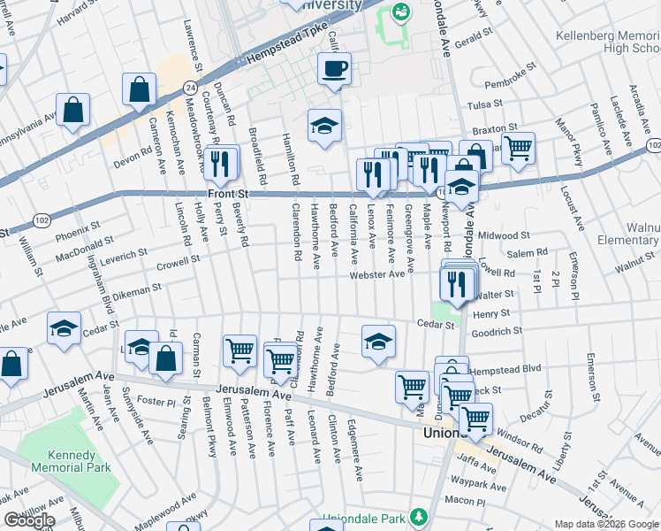 map of restaurants, bars, coffee shops, grocery stores, and more near 354 Bedford Avenue in Uniondale