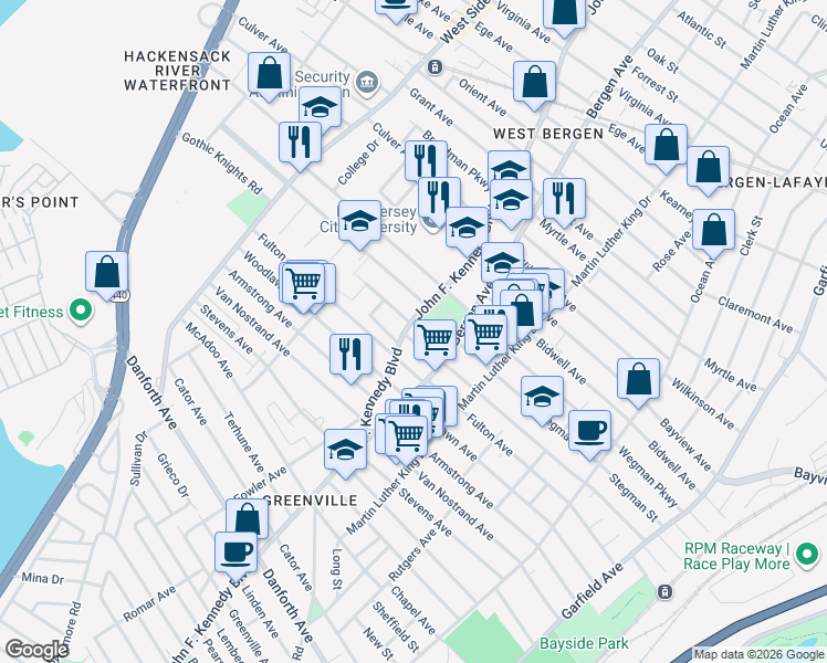 map of restaurants, bars, coffee shops, grocery stores, and more near 1974 John F. Kennedy Boulevard in Jersey City