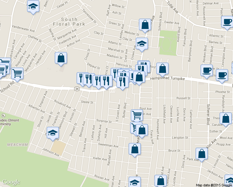 map of restaurants, bars, coffee shops, grocery stores, and more near 1431 Hempstead Turnpike in Elmont