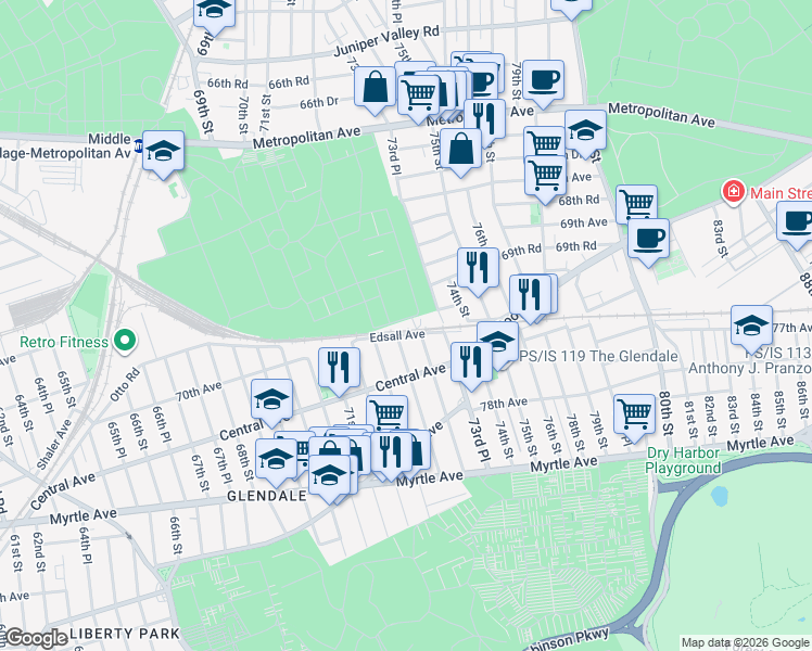 map of restaurants, bars, coffee shops, grocery stores, and more near 72-37 70th Avenue in Queens