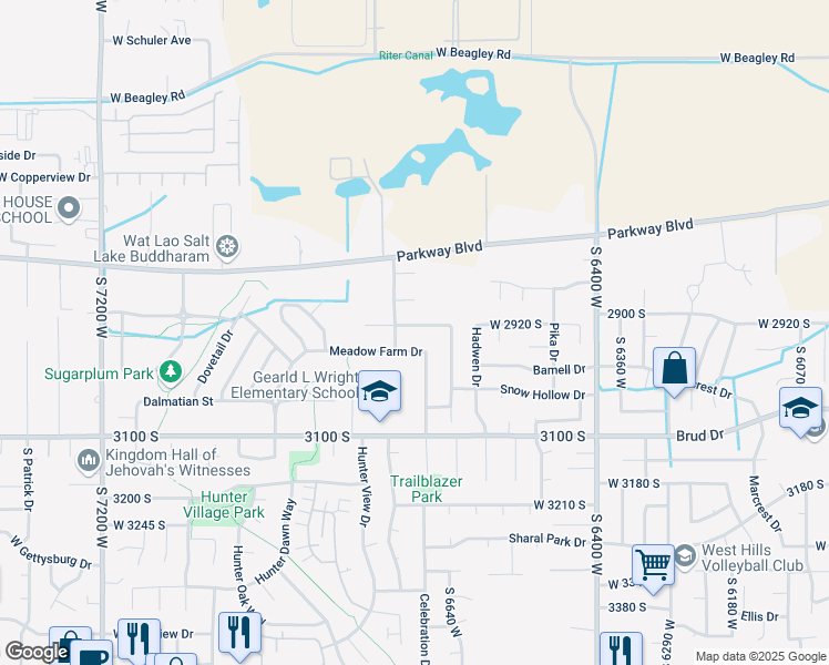 map of restaurants, bars, coffee shops, grocery stores, and more near 6695 Hunter Mesa Drive in West Valley City
