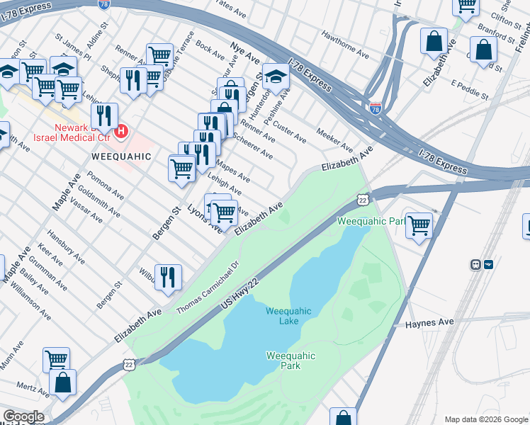 map of restaurants, bars, coffee shops, grocery stores, and more near None in Newark