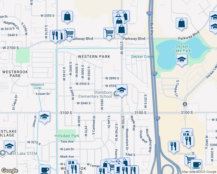 map of restaurants, bars, coffee shops, grocery stores, and more near 2805 West 2935 South in Salt Lake City