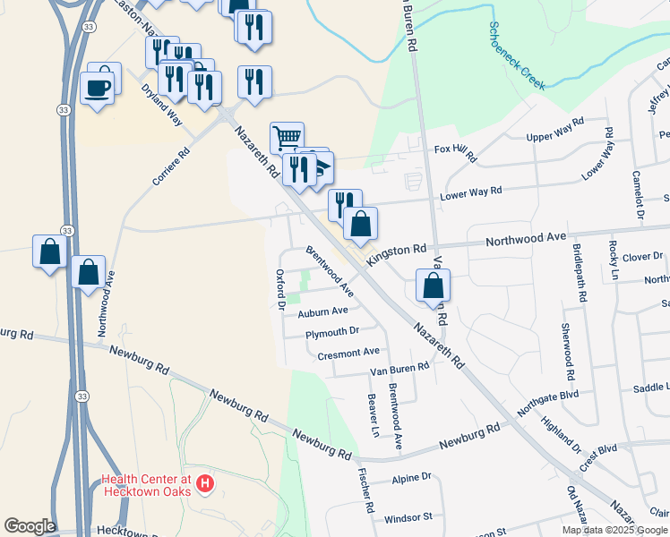 map of restaurants, bars, coffee shops, grocery stores, and more near 205 Brentwood Avenue in Easton