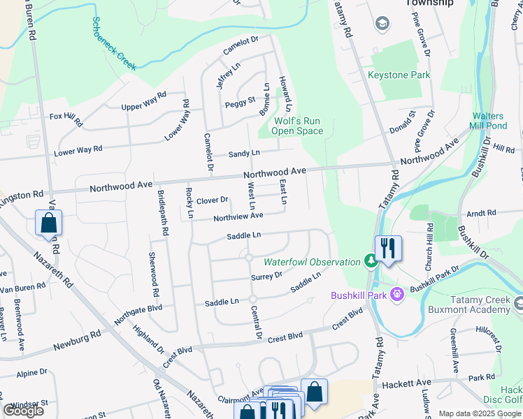 map of restaurants, bars, coffee shops, grocery stores, and more near 53 Northview Avenue in Easton