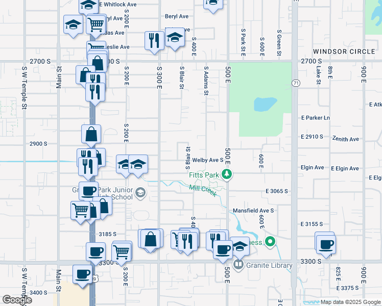 map of restaurants, bars, coffee shops, grocery stores, and more near 2961 South Blair Street in South Salt Lake