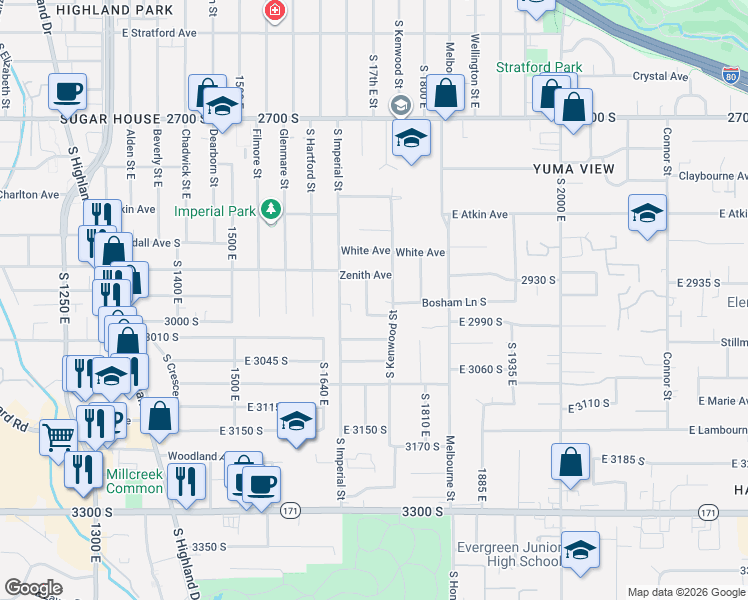 map of restaurants, bars, coffee shops, grocery stores, and more near 2948 South Kenwood Street in Salt Lake City