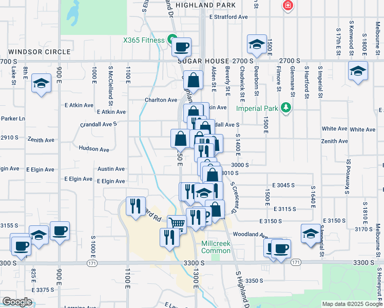map of restaurants, bars, coffee shops, grocery stores, and more near 1254 Hudson Avenue South in Salt Lake City