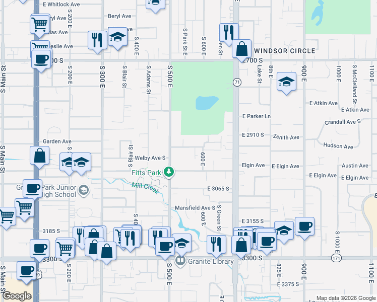 map of restaurants, bars, coffee shops, grocery stores, and more near 558 East Garden Avenue in South Salt Lake