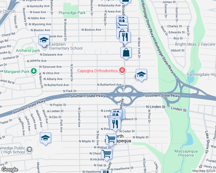 map of restaurants, bars, coffee shops, grocery stores, and more near 234 North Rutherford Avenue in North Massapequa