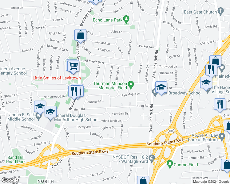 map of restaurants, bars, coffee shops, grocery stores, and more near 287 Red Maple Drive South in Wantagh
