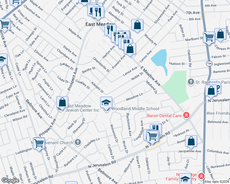 map of restaurants, bars, coffee shops, grocery stores, and more near 1630 Noble Street in East Meadow