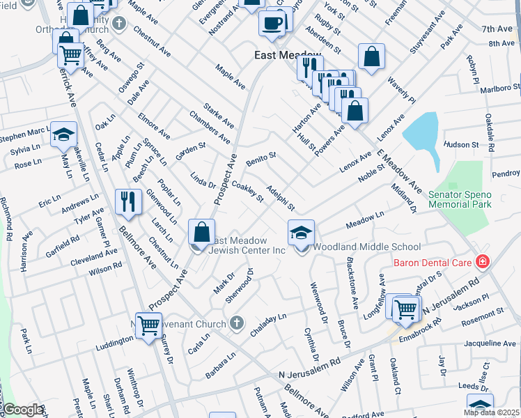 map of restaurants, bars, coffee shops, grocery stores, and more near 1582 Powers Avenue in East Meadow