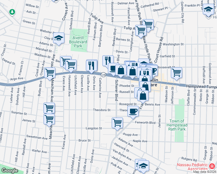 map of restaurants, bars, coffee shops, grocery stores, and more near 1118 Phoebe Street in Franklin Square