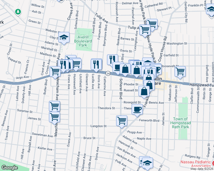 map of restaurants, bars, coffee shops, grocery stores, and more near 45 Catherine Avenue in Franklin Square