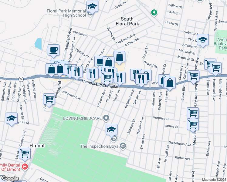 map of restaurants, bars, coffee shops, grocery stores, and more near 653 Hempstead Turnpike in Elmont