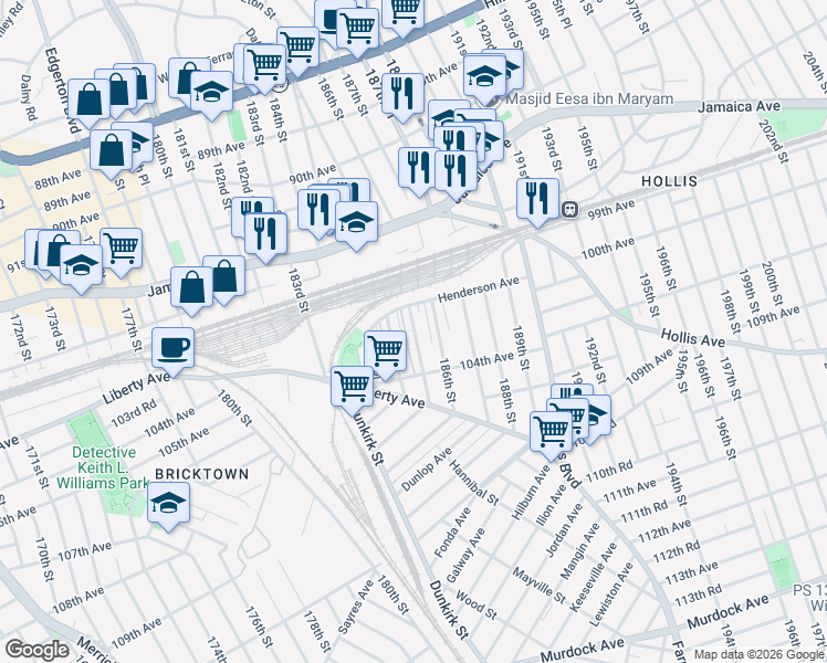 map of restaurants, bars, coffee shops, grocery stores, and more near 102-11 184th Street in Queens
