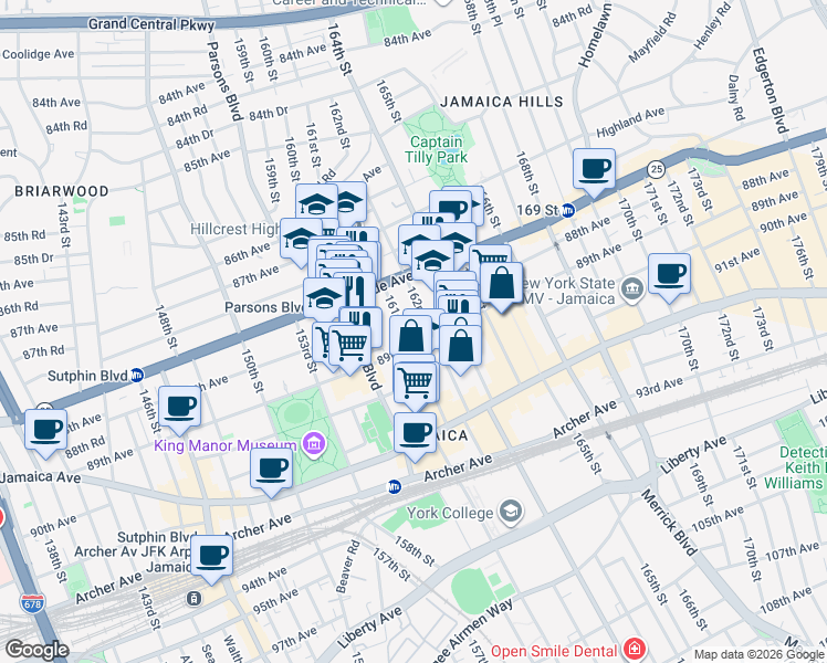 map of restaurants, bars, coffee shops, grocery stores, and more near 88-47 161st Street in Queens