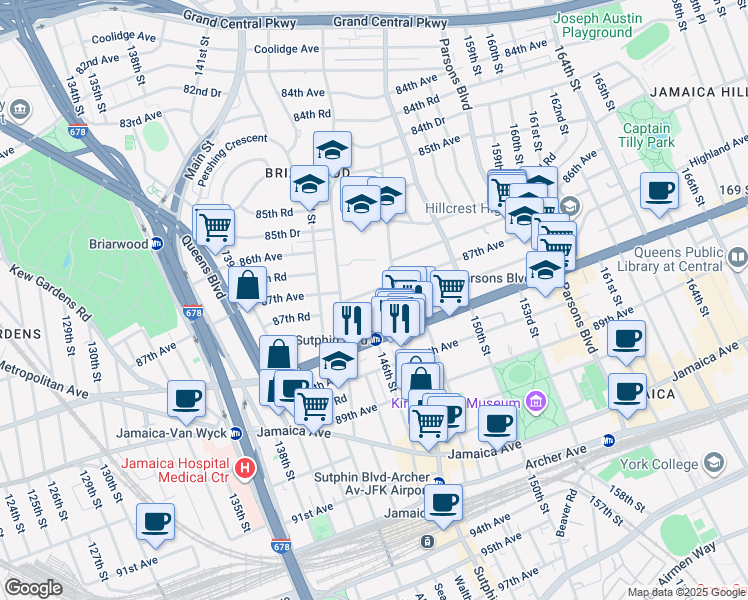 map of restaurants, bars, coffee shops, grocery stores, and more near 144-48 87th Avenue in Queens