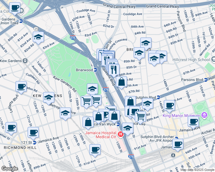 map of restaurants, bars, coffee shops, grocery stores, and more near 138-50 Queens Boulevard in Queens