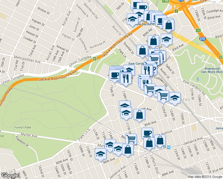 map of restaurants, bars, coffee shops, grocery stores, and more near 116-13 Metropolitan Avenue in Queens