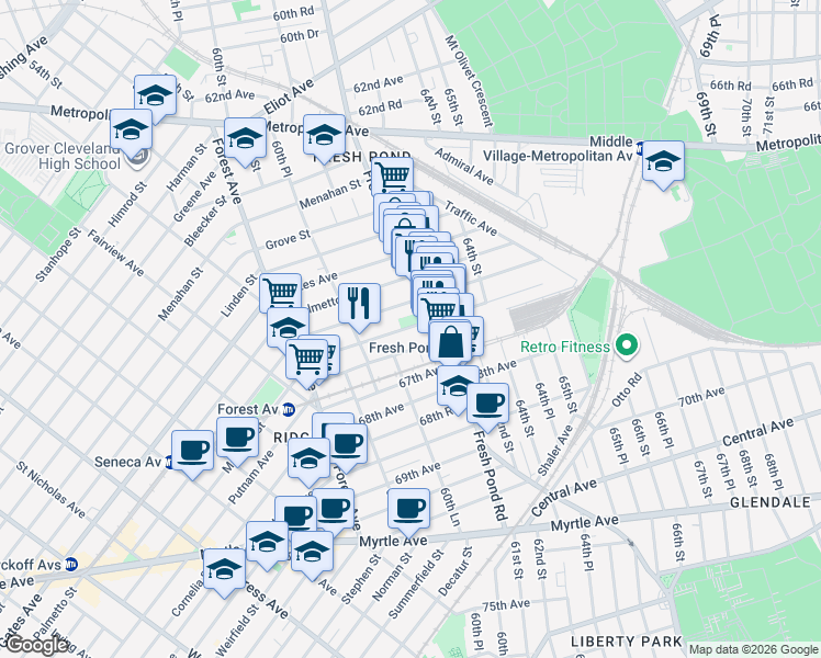 map of restaurants, bars, coffee shops, grocery stores, and more near 60-39 Madison Street in Queens