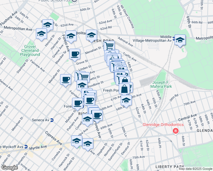 map of restaurants, bars, coffee shops, grocery stores, and more near 60-39 Madison Street in Queens
