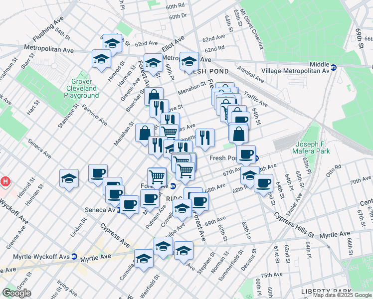 map of restaurants, bars, coffee shops, grocery stores, and more near 5921 Woodbine Street in Queens