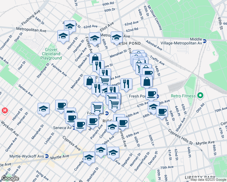map of restaurants, bars, coffee shops, grocery stores, and more near 5921 Woodbine Street in Queens