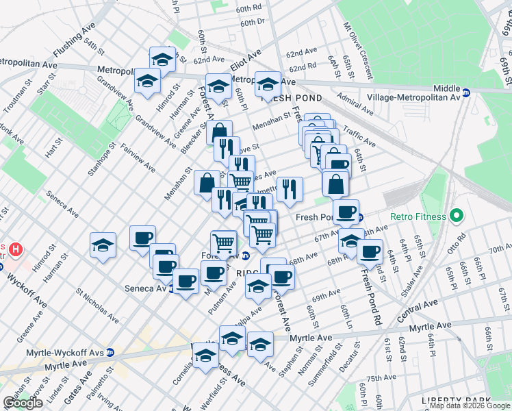 map of restaurants, bars, coffee shops, grocery stores, and more near 5921 Woodbine Street in Queens