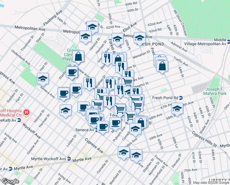 map of restaurants, bars, coffee shops, grocery stores, and more near 20-41 Gates Avenue in Queens