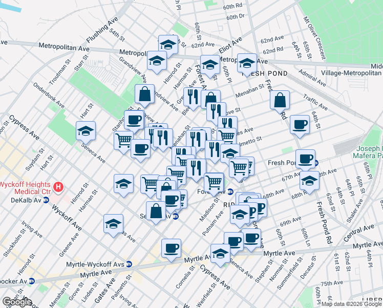 map of restaurants, bars, coffee shops, grocery stores, and more near 6-04 Fairview Avenue in Queens