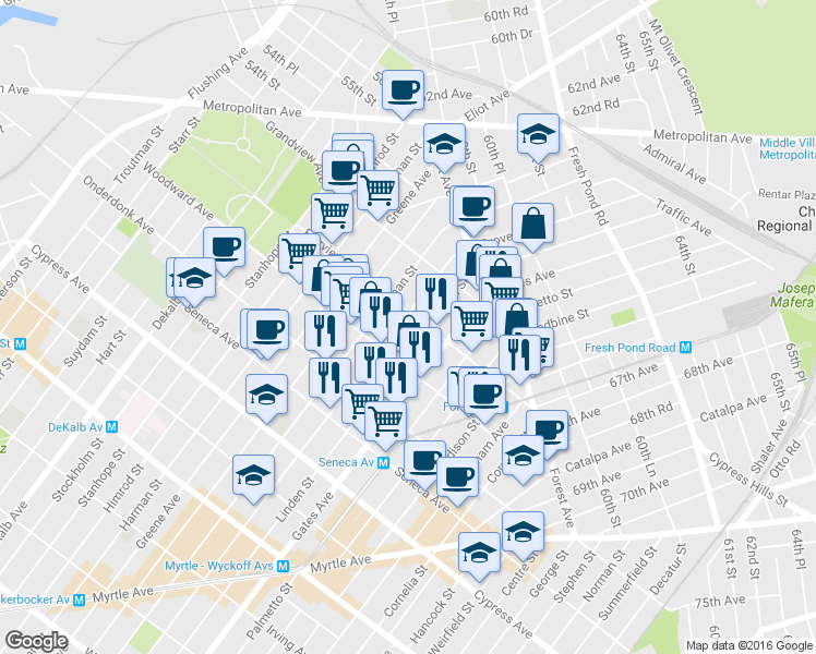map of restaurants, bars, coffee shops, grocery stores, and more near 6-04 Fairview Avenue in Queens
